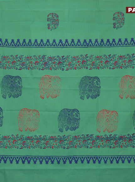 Poly cotton block printed saree dual shade of teal green and red with elephant butta prints in borderless style