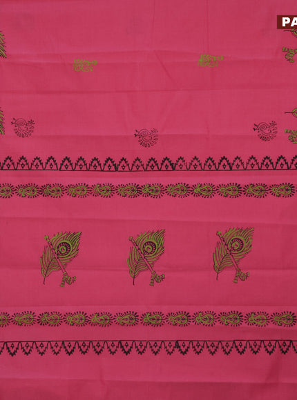 Poly cotton block printed saree pink and black with annam butta prints and printed butta border