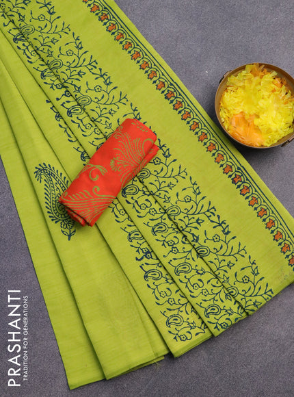 Poly cotton block printed saree flourescent green and orange with paisley butta prints in borderless style