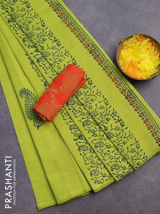 Poly cotton block printed saree flourescent green and orange with paisley butta prints in borderless style