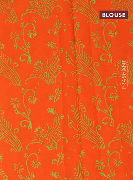 Poly cotton block printed saree flourescent green and orange with paisley butta prints in borderless style