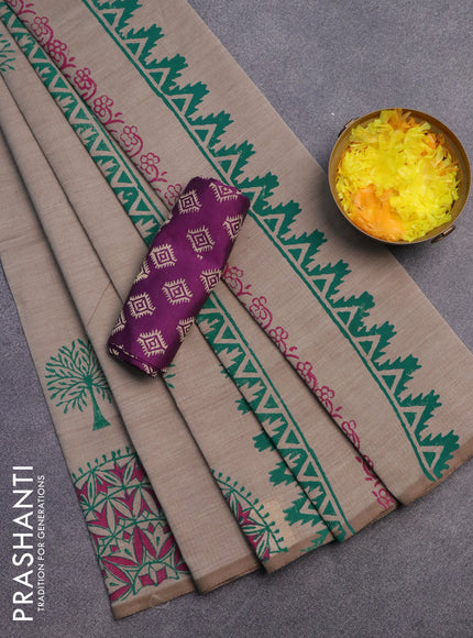 Poly cotton block printed saree grey and purple with butta prints and printed border