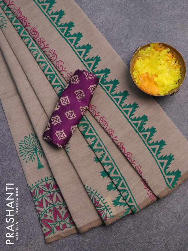 Poly cotton block printed saree grey and purple with butta prints and printed border