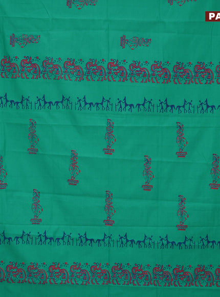 Poly cotton block printed saree teal green and deep violet with butta prints in borderless style