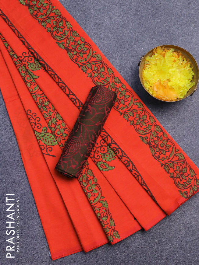 Poly cotton block printed saree orange and dark sap green with butta prints in borderless style