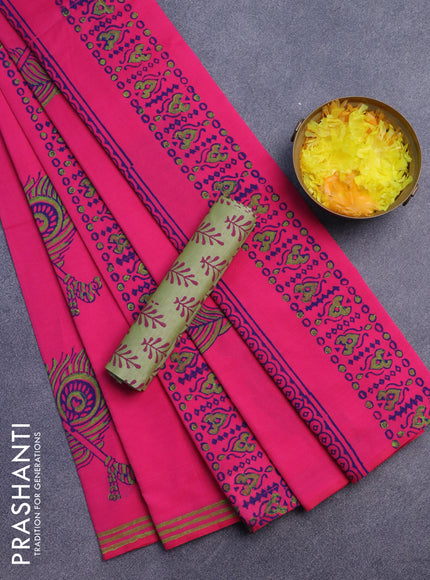 Poly cotton block printed saree pink and elaichi green with butta prints and printed border