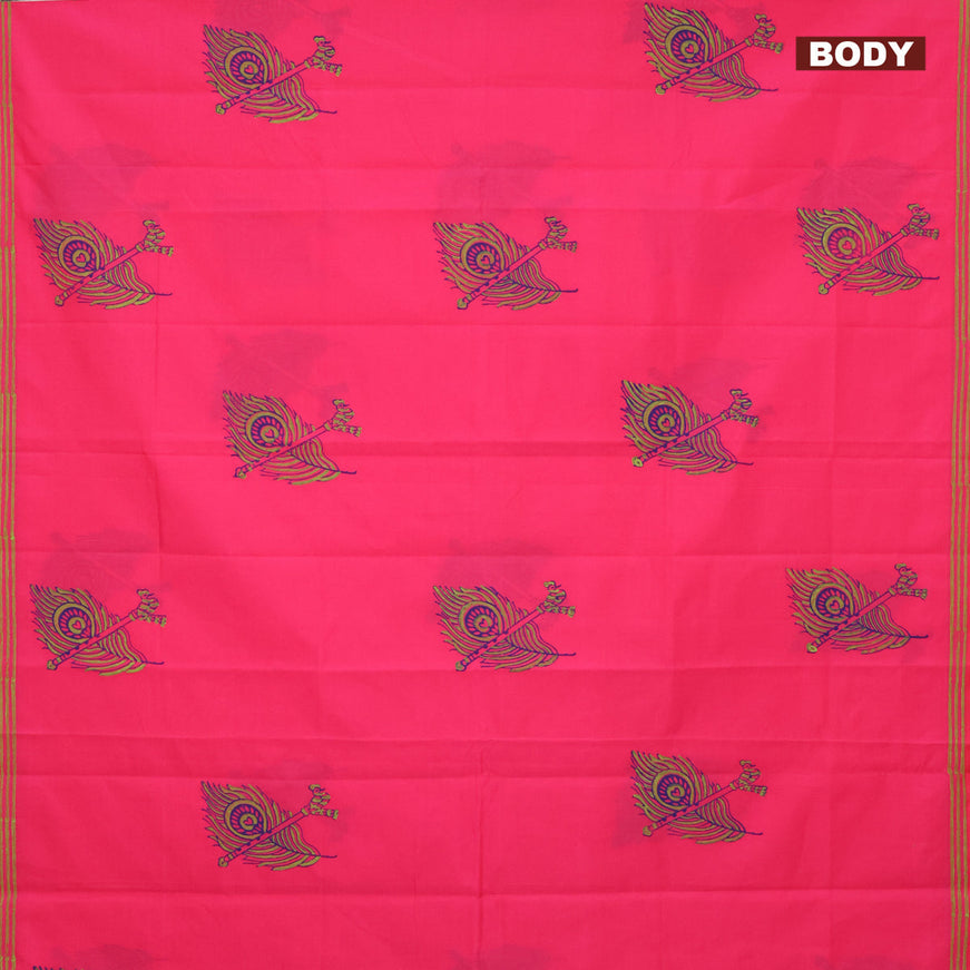 Poly cotton block printed saree pink and elaichi green with butta prints and printed border