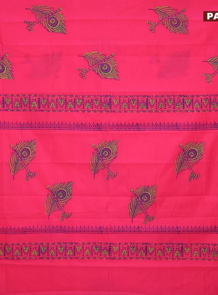 Poly cotton block printed saree pink and elaichi green with butta prints and printed border