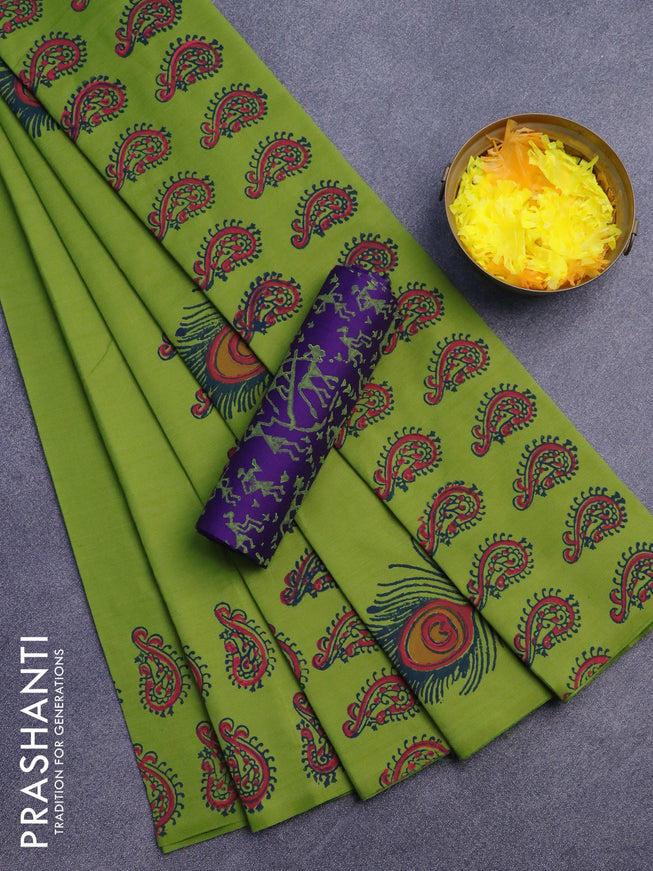 Poly cotton block printed saree light green and violet with plain body and printed border