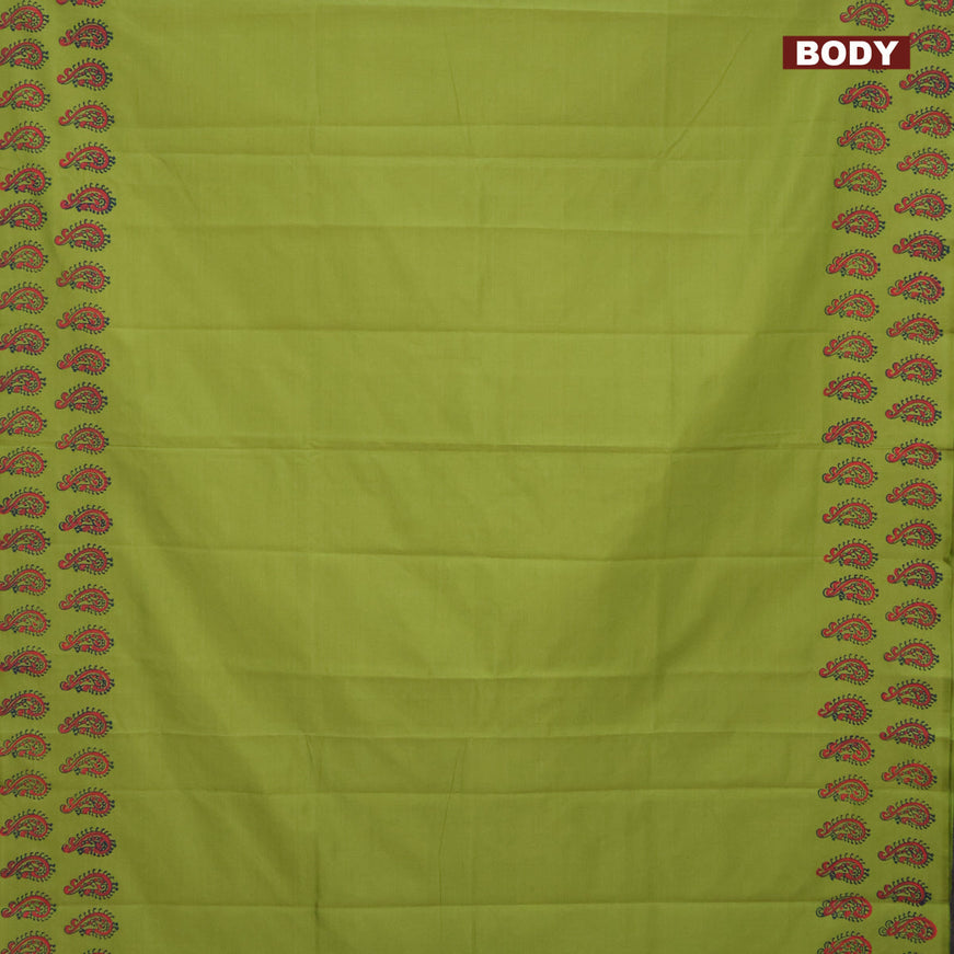 Poly cotton block printed saree light green and violet with plain body and printed border