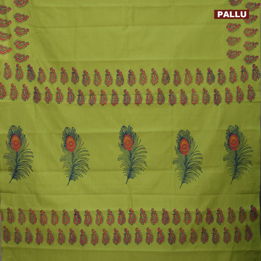 Poly cotton block printed saree light green and violet with plain body and printed border