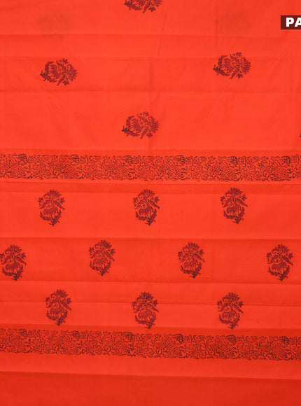 Poly cotton block printed saree orange with butta prints in borderless style