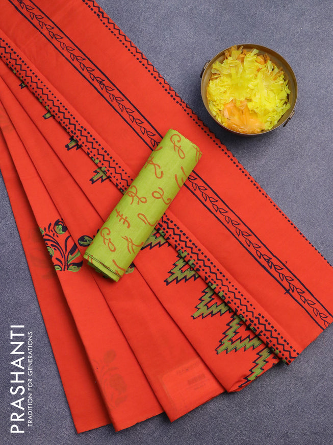 Poly cotton block printed saree orange and lime yellow with butta prints in borderless style