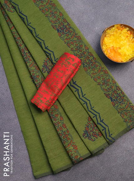 Poly cotton block printed saree sap green and red with butta prints in borderless style