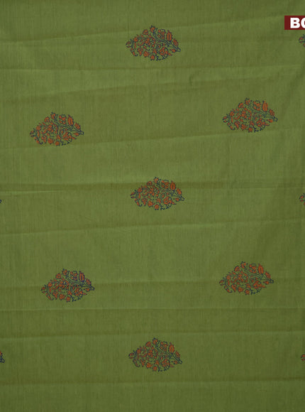 Poly cotton block printed saree sap green and red with butta prints in borderless style