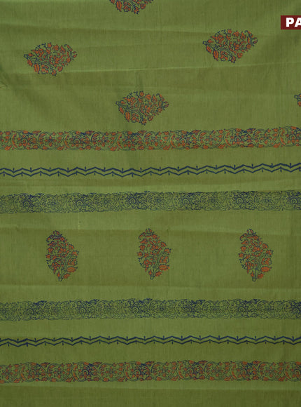 Poly cotton block printed saree sap green and red with butta prints in borderless style