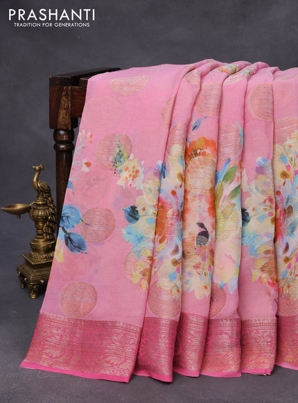 Chiffon silk saree light pink and pink with floral digital prints & zari buttas and zari woven border