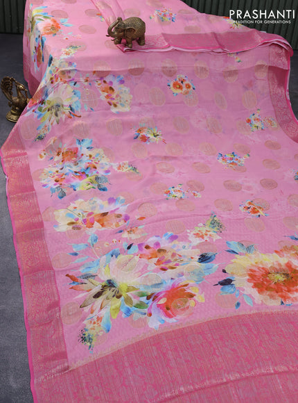 Chiffon silk saree light pink and pink with floral digital prints & zari buttas and zari woven border