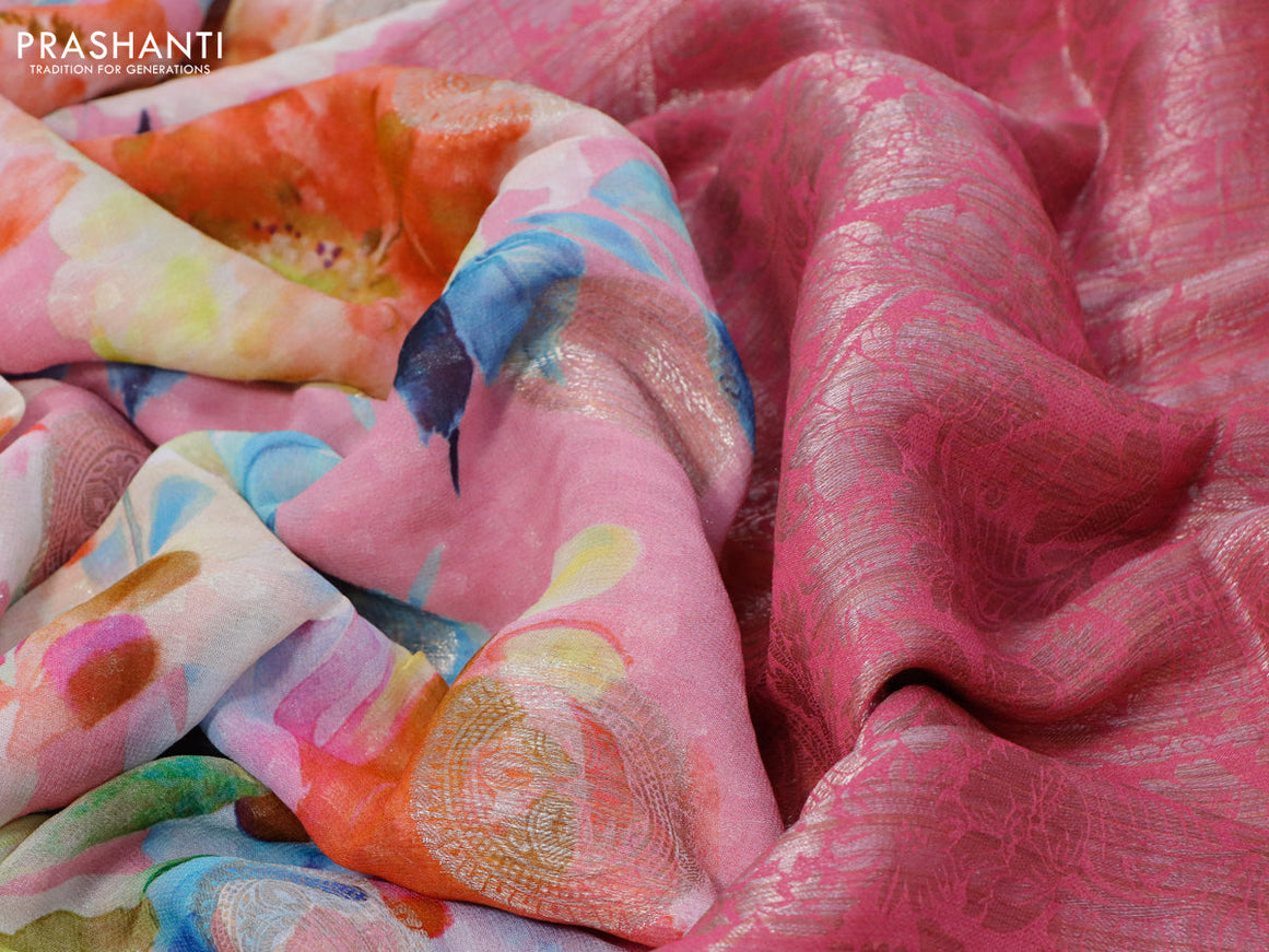 Chiffon silk saree light pink and pink with floral digital prints & zari buttas and zari woven border