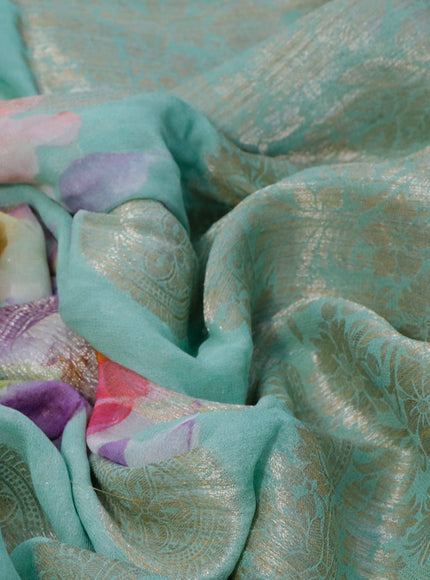 Chiffon silk saree teal green shade with floral digital prints & zari buttas and zari woven border