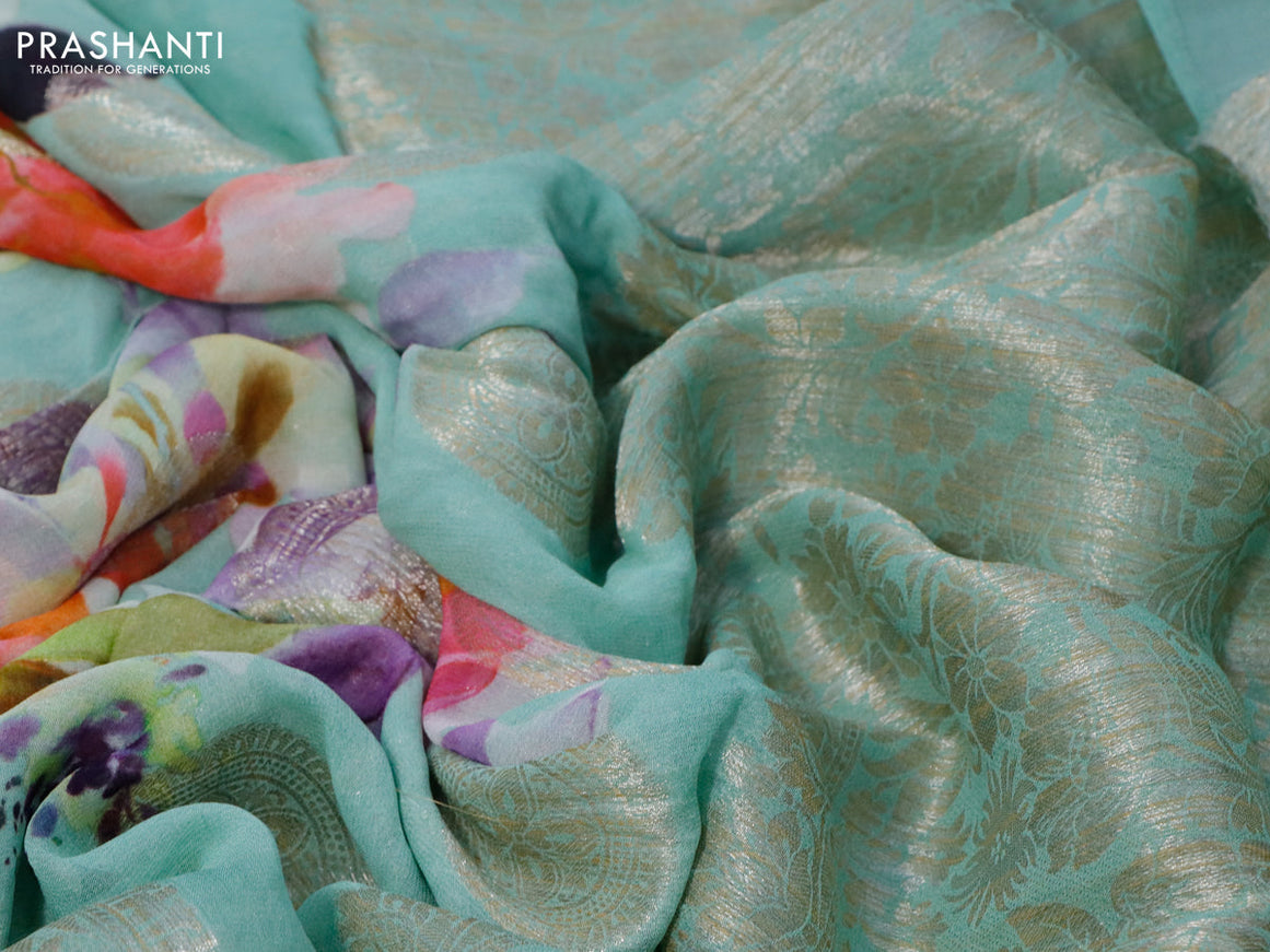 Chiffon silk saree teal green shade with floral digital prints & zari buttas and zari woven border