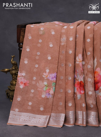 Chiffon silk saree pastel brown with floral digital prints & silver zari buttas and silver zari woven border