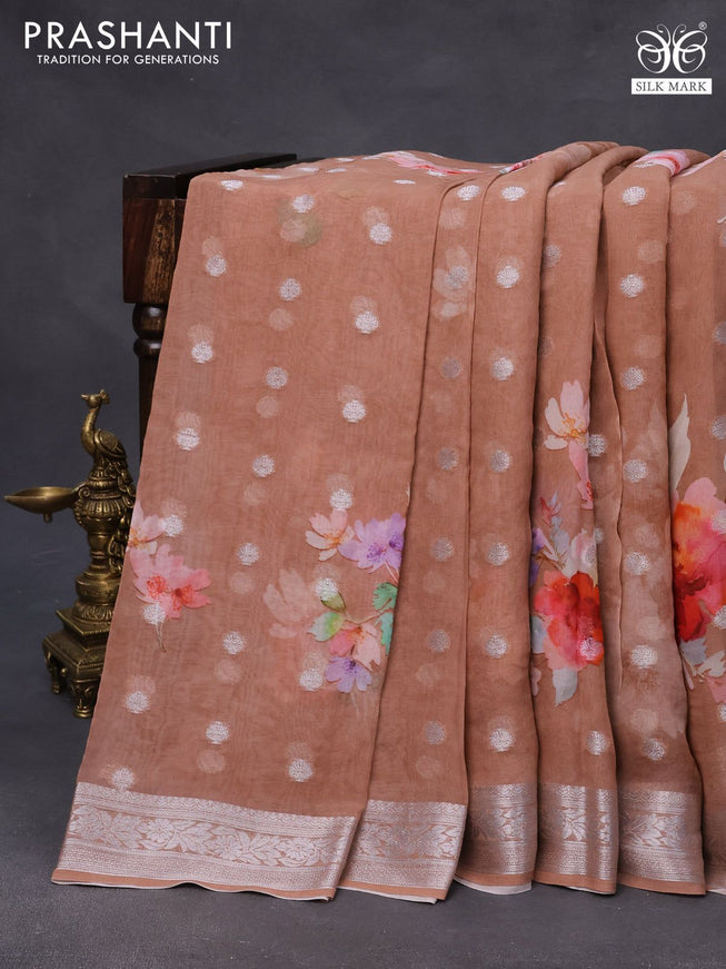 Chiffon silk saree pastel brown with floral digital prints & silver zari buttas and silver zari woven border