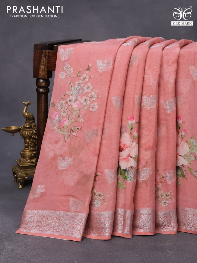 Chiffon silk saree pastel pink with floral digital prints & silver zari buttas and silver zari woven border