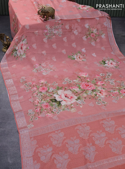 Chiffon silk saree pastel pink with floral digital prints & silver zari buttas and silver zari woven border