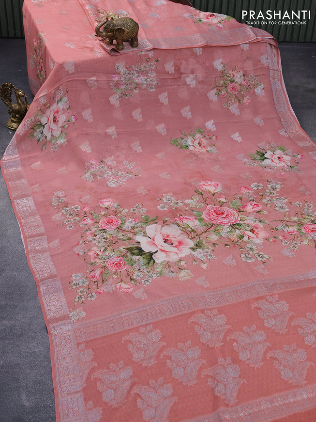 Chiffon silk saree pastel pink with floral digital prints & silver zari buttas and silver zari woven border