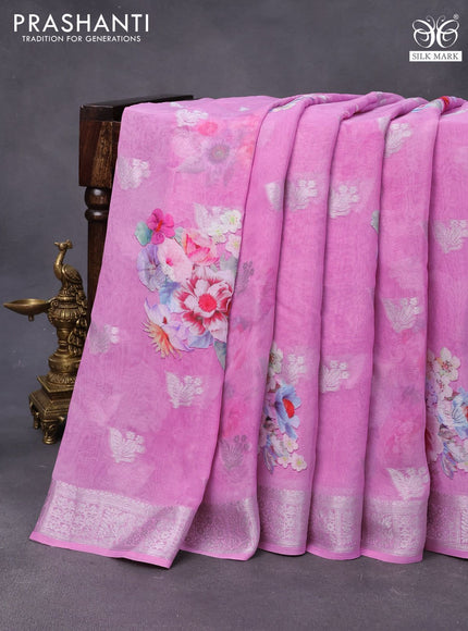 Chiffon silk saree light pink with digital prints & silver zari buttas and silver zari woven border