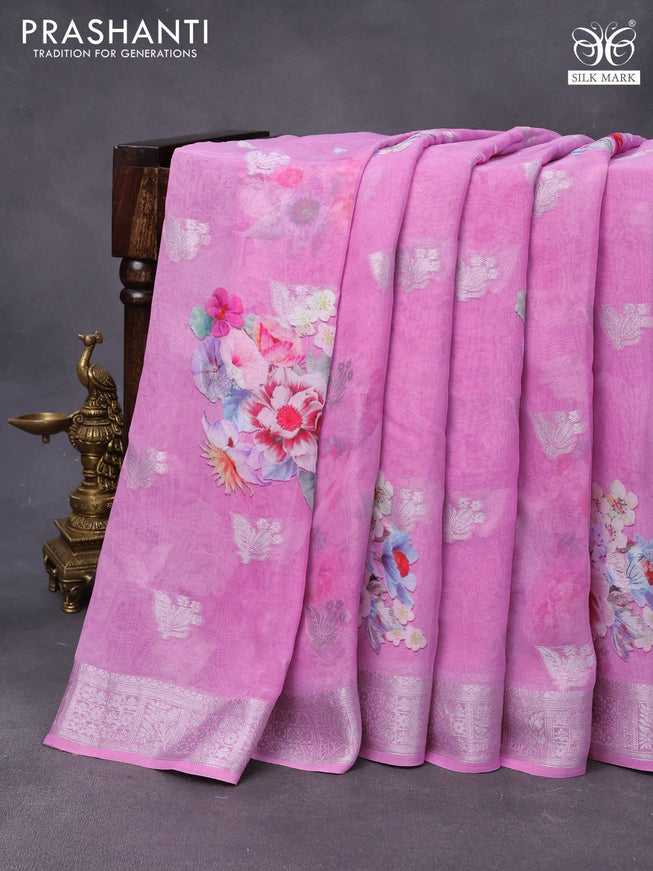 Chiffon silk saree light pink with digital prints & silver zari buttas and silver zari woven border