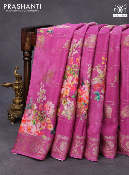 Chiffon silk saree purple with allover floral digital prints & zari checks and zari woven border