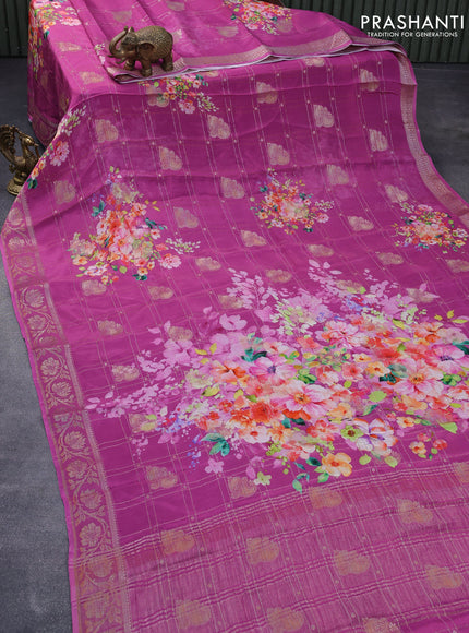 Chiffon silk saree purple with allover floral digital prints & zari checks and zari woven border