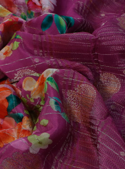 Chiffon silk saree purple with allover floral digital prints & zari checks and zari woven border