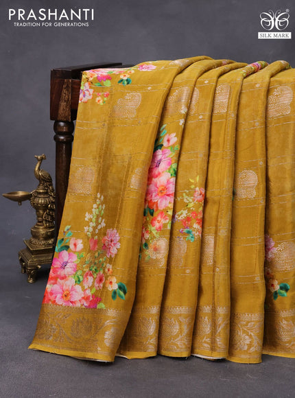 Chiffon silk saree dark mustard with allover floral digital prints & zari checks and zari woven border