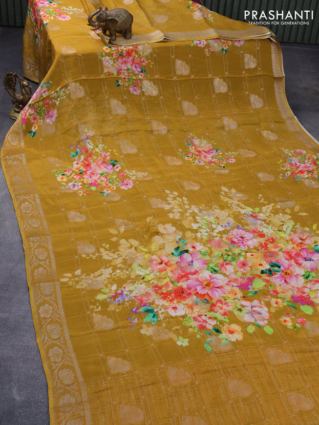 Chiffon silk saree dark mustard with allover floral digital prints & zari checks and zari woven border