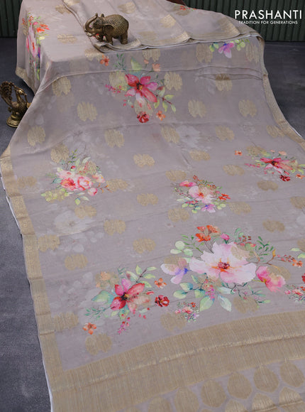 Chiffon silk saree grey with floral digital prints & zari buttas and zari woven border