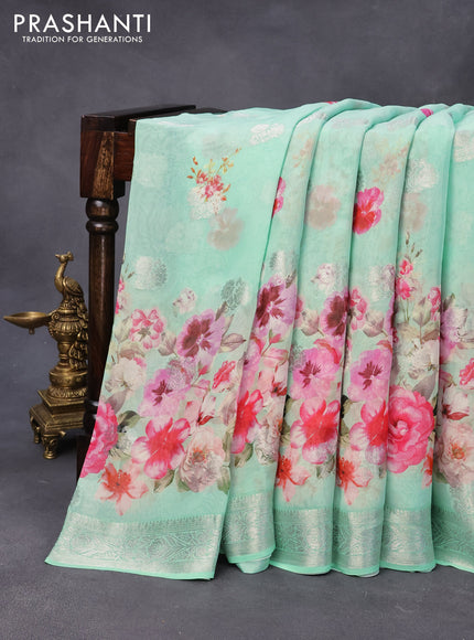 Chiffon silk saree teal green with floral digital prints & silver zari buttas and silver zari woven border