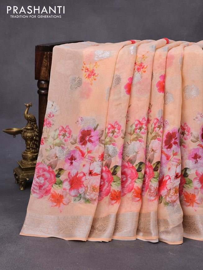 Chiffon silk saree peach orange with floral digital prints & silver zari buttas and silver zari woven border