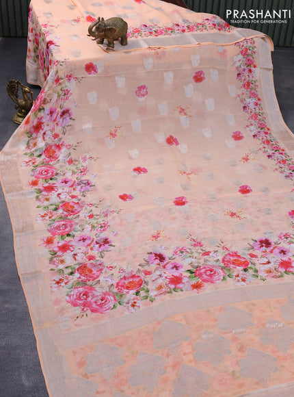 Chiffon silk saree peach orange with floral digital prints & silver zari buttas and silver zari woven border