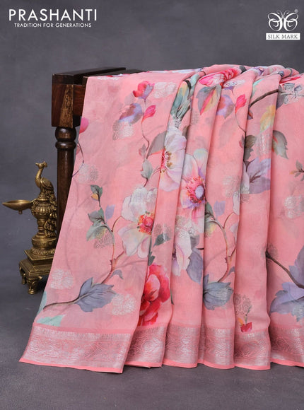 Chiffon silk saree peach pink with allover floral digital prints & silver zari buttas and silver zari woven border