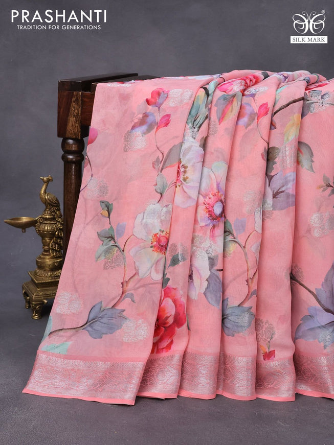 Chiffon silk saree peach pink with allover floral digital prints & silver zari buttas and silver zari woven border