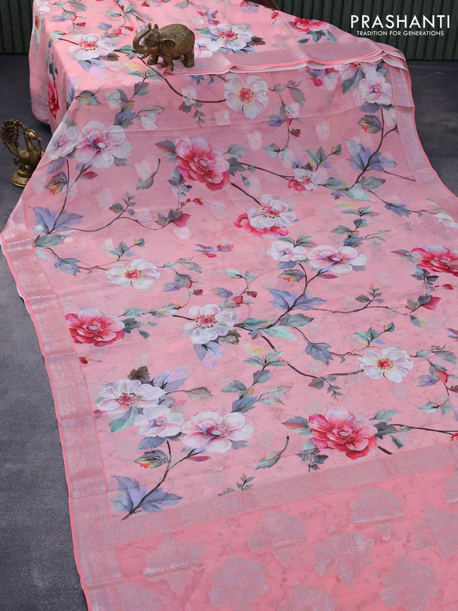 Chiffon silk saree peach pink with allover floral digital prints & silver zari buttas and silver zari woven border