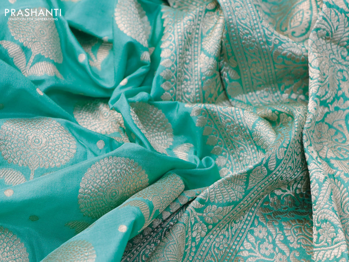 Banarasi uppada silk saree teal blue with zari woven floral buttas and zari woven border