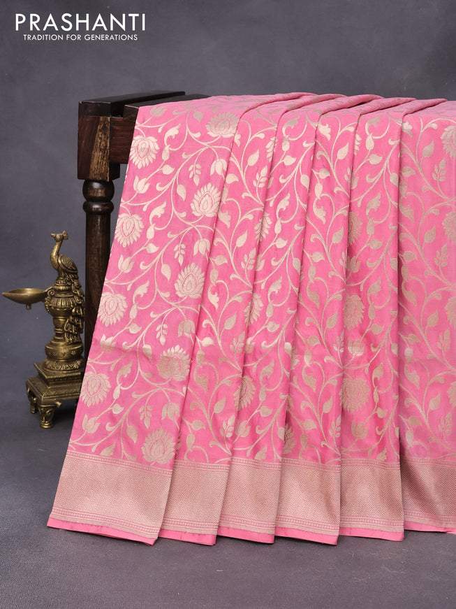 Banarasi uppada silk saree pastel pink with allover zari woven brocade weaves and zari woven border