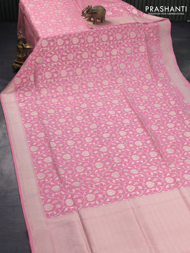 Banarasi uppada silk saree pastel pink with allover zari woven brocade weaves and zari woven border