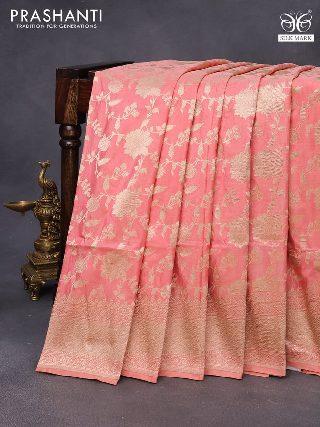 Banarasi uppada silk saree peach pink with allover zari woven floral brocade weaves and zari woven border