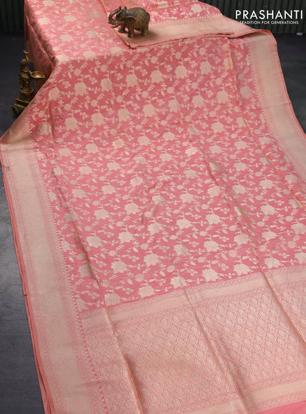 Banarasi uppada silk saree peach pink with allover zari woven floral brocade weaves and zari woven border