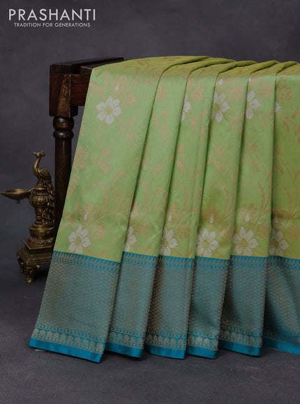 Banarasi uppada silk saree light green and cs blue with allover floral weaves and zari woven border